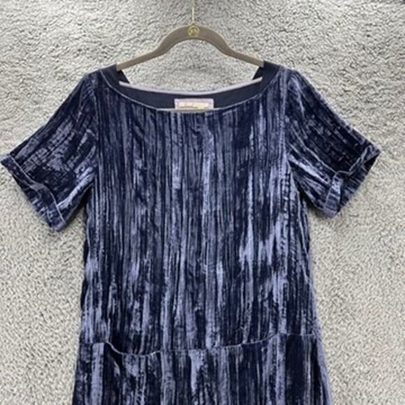 Anthropologie Flareat Shirt Dress Crushed Velvet Blue Short Sleeve Front Pockets - Picture 3 of 10
